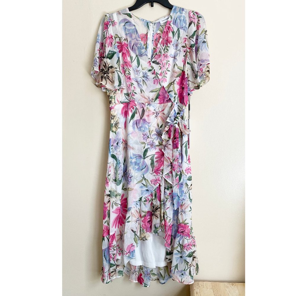 CK Tie Wrap Floral DRESS S 6 Flutter Sleeve Midi